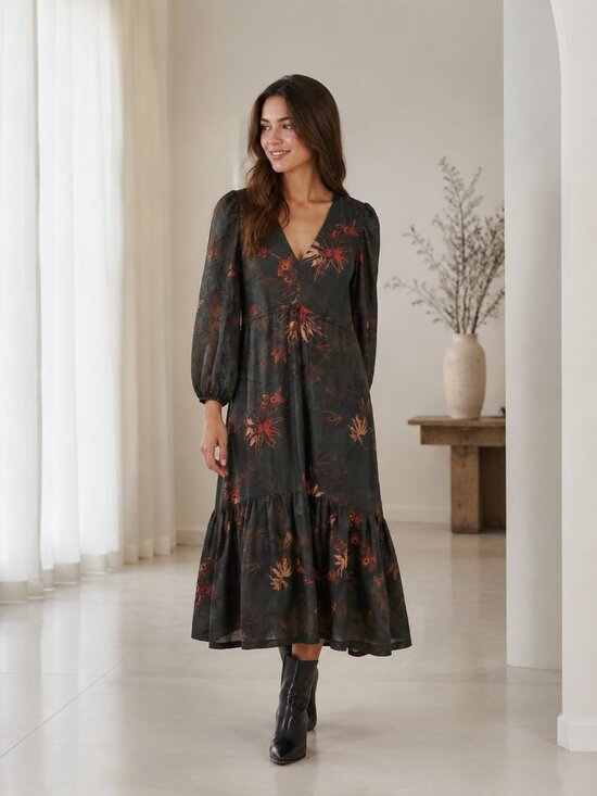 All Saints Dresses & Skirts - All Saints Rosi Nila Dark Khaki Green Tiered V-neck Midi Dress Size 4 US New